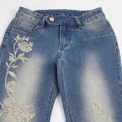 Low Waist Floral Embroidery Flare Denim Jeans