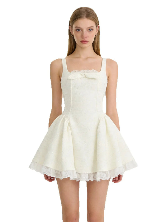 White Sequin Tweed Flare A-line Mini Dress