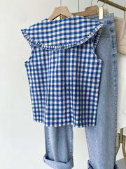 Blue Plaid Ruffled Sleeveless Shirt