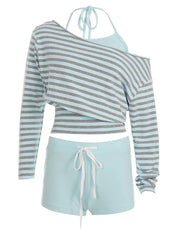 Blue Striped 3 Piece Halter Cami Top And Long Sleeve Overall And Shorts Set
