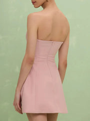 Pink Strapless Floral Embroidered Mini Dress