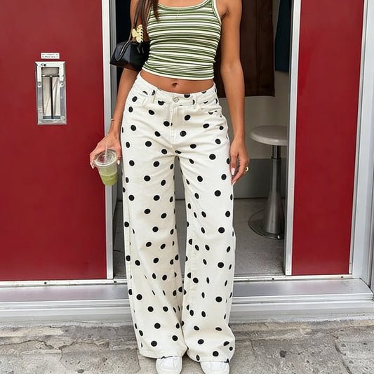 High Waist Wide Leg Polka Dot Denim Pants