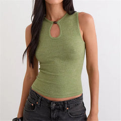 Green Round Neck Keyhole Cutout Sleeveless Knit Top