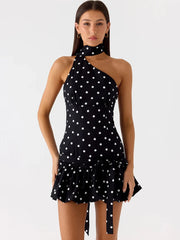 Black Polka Dot Wrap Around Puff Hem Mini Dress