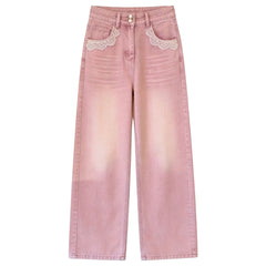 Pink Lace Trim Wide Leg Jeans