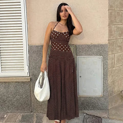 Polka Dot Patchwork Print Halter Maxi Dress