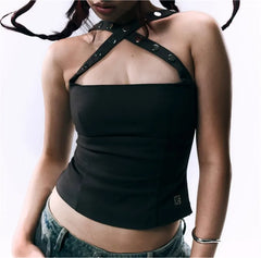 Metal Eyelet Cross Halter Square Neck Top