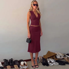 Lace Trim V-neck Tank Top And Midi Skirt Set