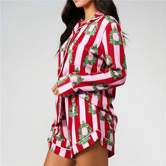 Christmas Striped Printed Long Sleeve Button Down Shirt And Shorts Pajama Set