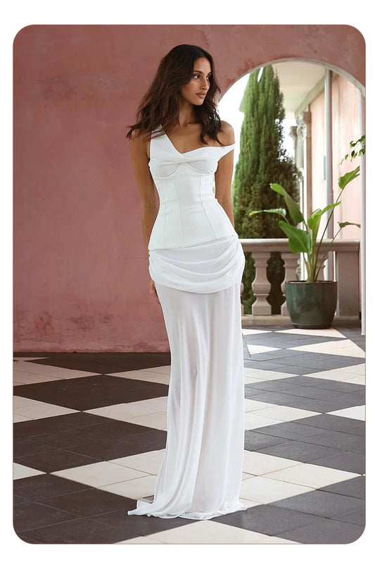 Off Shoulder Draped Corset Mesh Maxi Dress