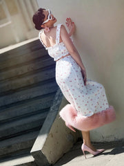 Floral Print Satin Faux Fur Trim Midi Skirt