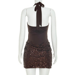 Sequin Patchwork Halter Tank Mini Bodycon Dress