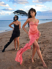 Corset Irregular Ruffle Hem Spaghetti Straps Satin Midi Dress