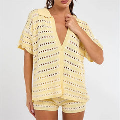 Striped Crochet Knit Short Sleeve Button Down Shirt and Shorts Hollow Out Set