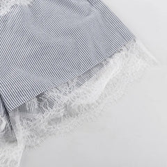 Lace Stripes Lapel Bell Sleeves Shirt And Shorts Set