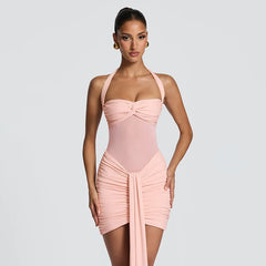 Mesh Patchwork Halter Bandage Wrap Bodycon Mini Dress