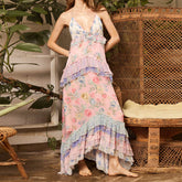 Floral Print Multi-Layered Ruffles V Neck Maxi Dress