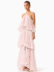 Halter Neck Tiered Ruffle Flower Long Dress