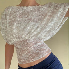 White Lace Embroidery Crew Neck Short Sleeve Sheer Top