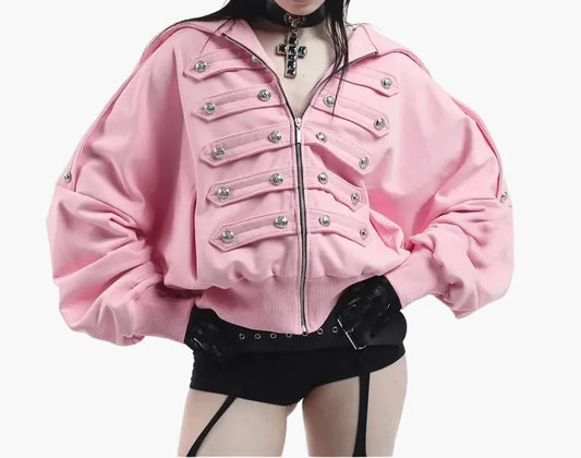 Military Style Braided Chest Trim Zip Up Hoodie