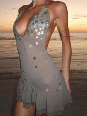 Grey Halter Bead Sequin Mesh Mini Dress