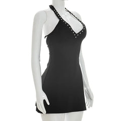 Black Rhinestone Strap Halter Tie Up Mini Dress