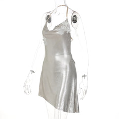 Silver Floral Embroidred Cowl Backless Mini Dress