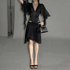 Black V-Neck Frill Slit Sleeve Top And Midi Irregular Skirt Set