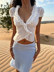 White Short Sleeve Sheer Ruffle Tie Up Top