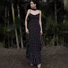 Black Polka Dot Long Dress With Scarf Ribbon
