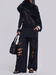 Black Distressed Wide Sweatpants