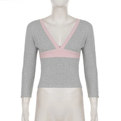 Grey Quarter Sleeve Deep V-neck Pink Seam Top