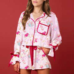 Christmas Long Sleeve Santa Claus Print Top with Elastic Waist Shorts Pajamas Set
