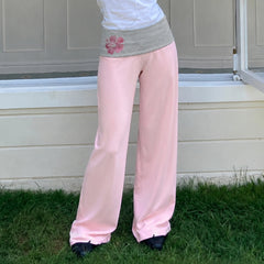 Pink Low Waisted Floral Embellished Straight Leg Pants