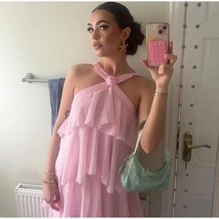 Flower Ruffles Halter Long Dress