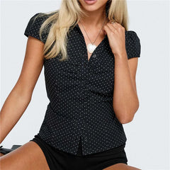 Collar Buttoned Polka Dot Print Puff Sleeve Top