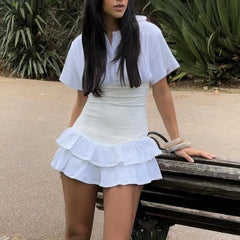 White Short Sleeve Collar Button Corset Patchwork Mini Dress