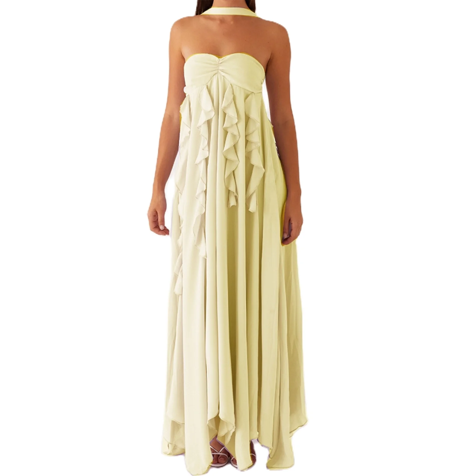 Women's ruffle trim sleeveless A-line long dress