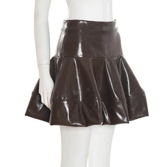 Brown PU Leather Ruffle High Waist A-line Skirt
