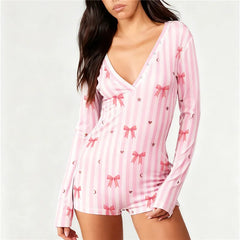 Gingerbread Man Bow Striped Long Sleeve Romper Pajama