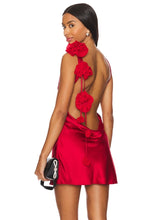 Satin Open Back Strap Flower Draped Mini Dress
