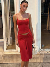 Spaghetti Strap Top And High Waist Ruched Midi Skirt Set