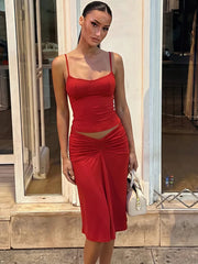 Spaghetti Strap Top And High Waist Ruched Midi Skirt Set