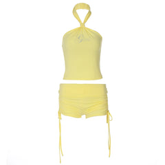 Halter Rhinestone Top & Drawstring Shorts Co-Ord Set - Streetwear Slim Fit
