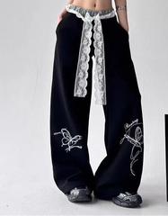 Lace Trim Waist Wide Leg Joggers