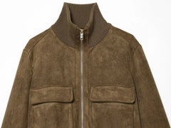 Brown Faux Suede Stand Collar Zip Up Bomber Jacket
