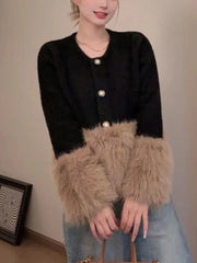 Pink O-Neck Patchwork Plush Knitted Cardigan