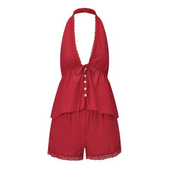 Halter Button Sleeveless Top And Shorts Set