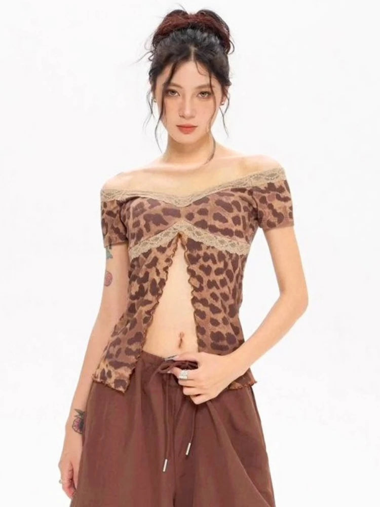 Woman wearing a leopard print top with sheer panels