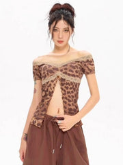 Woman wearing a leopard print top with sheer panels